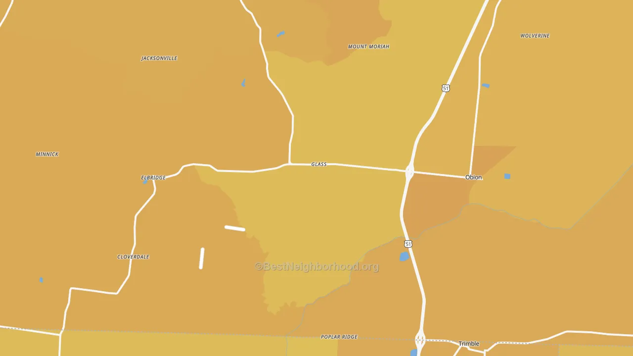 Map of the best neighborhoods in the 38240 area, with better matches in green and worse matches in red