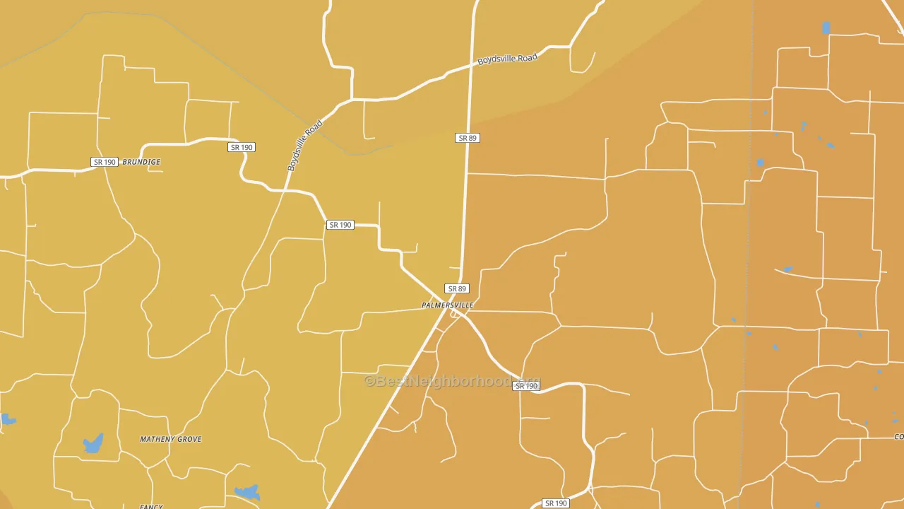 Map of the best neighborhoods in the 38241 area, with better matches in green and worse matches in red
