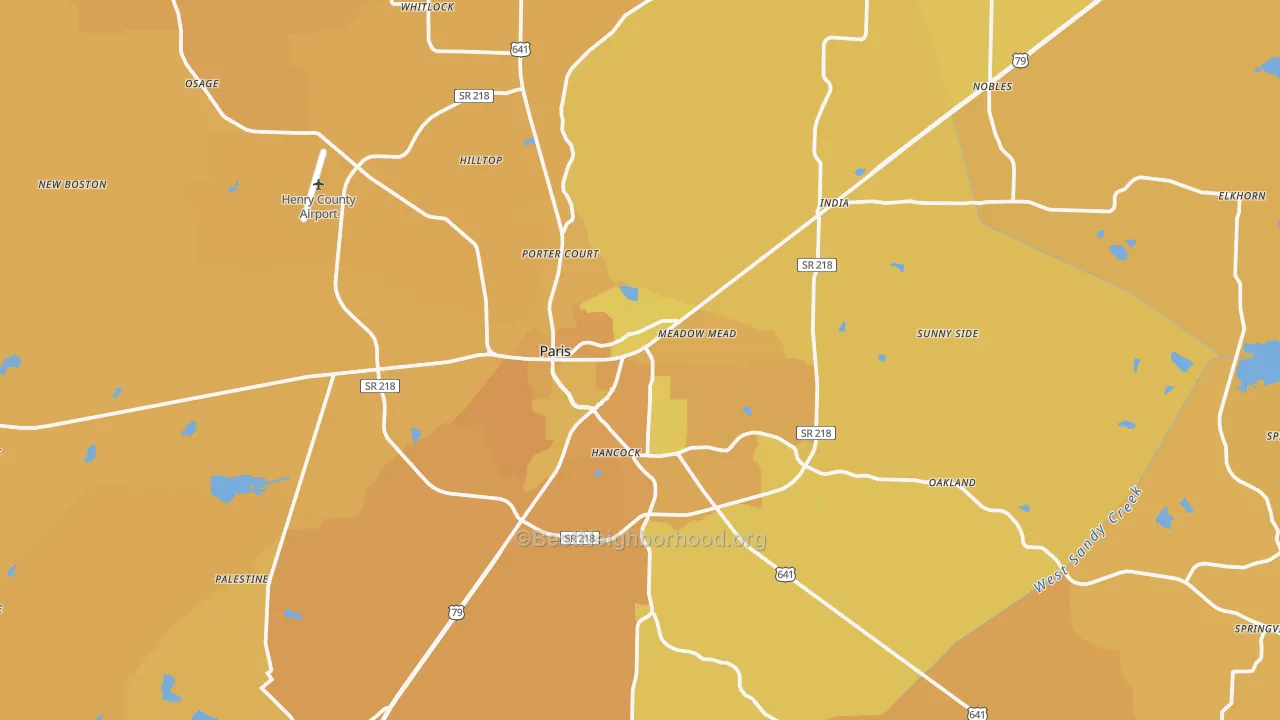 Map of the best neighborhoods in the 38242 area, with better matches in green and worse matches in red