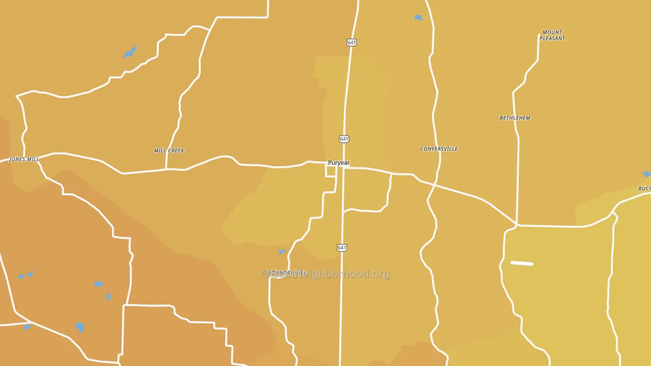 Map of the best neighborhoods in the 38251 area, with better matches in green and worse matches in red