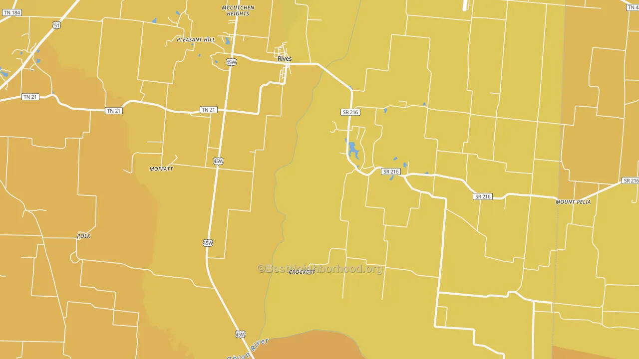 Map of the best neighborhoods in the 38253 area, with better matches in green and worse matches in red