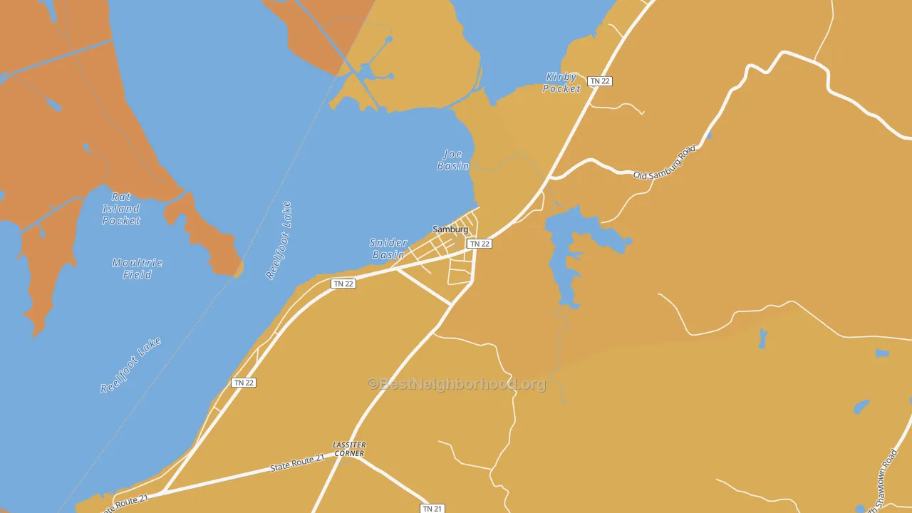Map of the best neighborhoods in the 38254 area, with better matches in green and worse matches in red