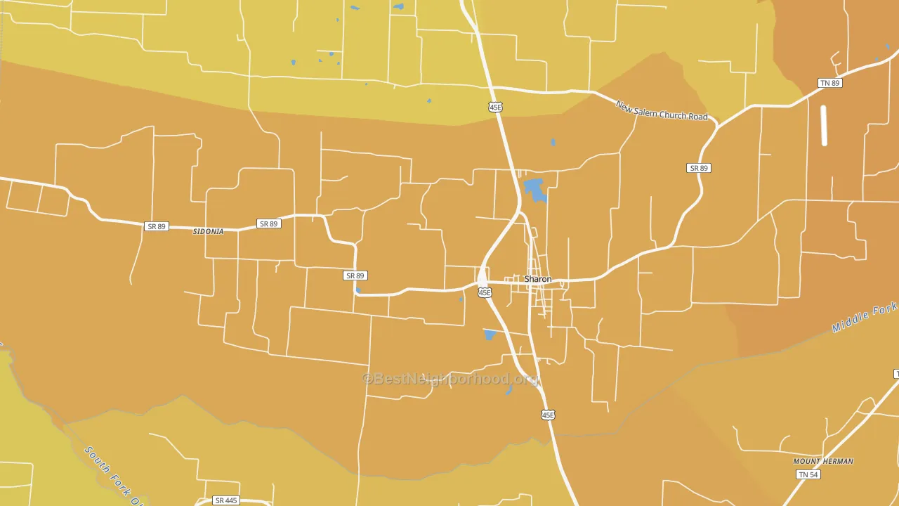 Map of the best neighborhoods in the 38255 area, with better matches in green and worse matches in red