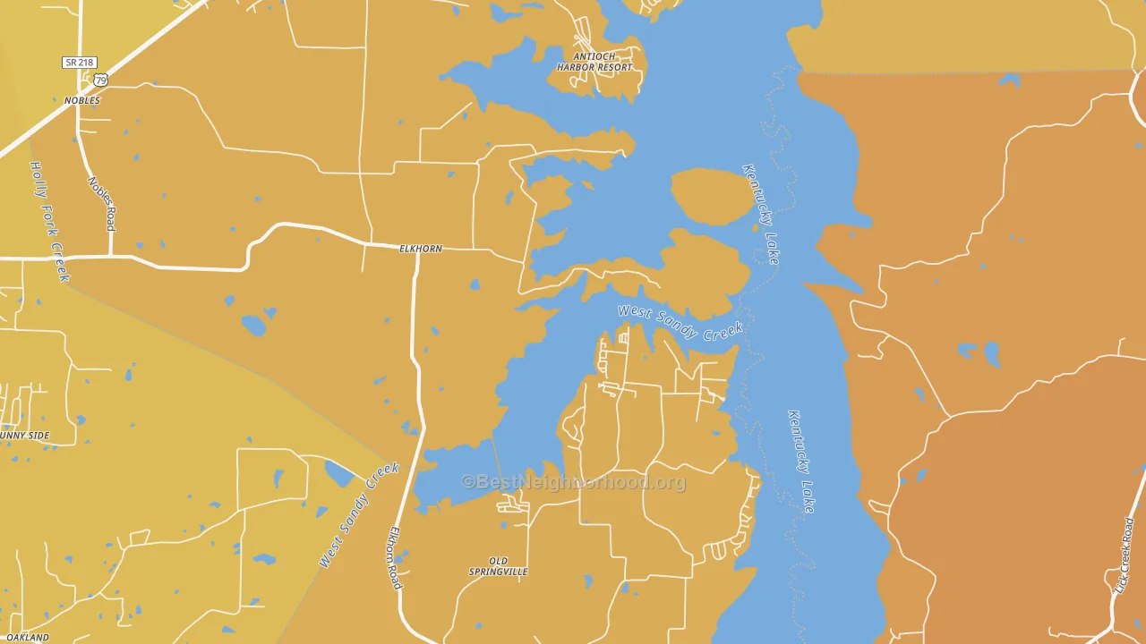 Map of the best neighborhoods in the 38256 area, with better matches in green and worse matches in red