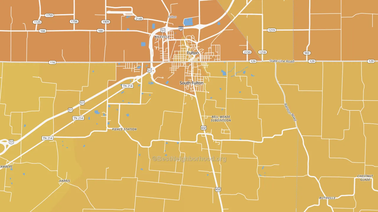 Map of the best neighborhoods in the 38257 area, with better matches in green and worse matches in red