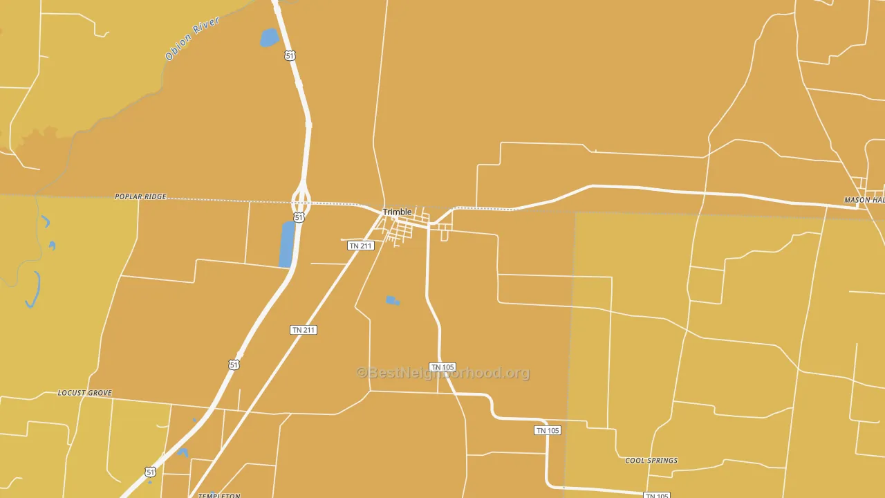 Map of the best neighborhoods in the 38259 area, with better matches in green and worse matches in red