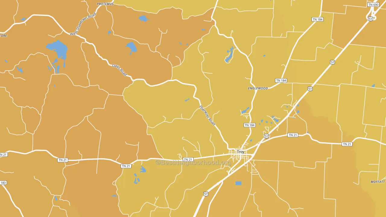 Map of the best neighborhoods in the 38260 area, with better matches in green and worse matches in red