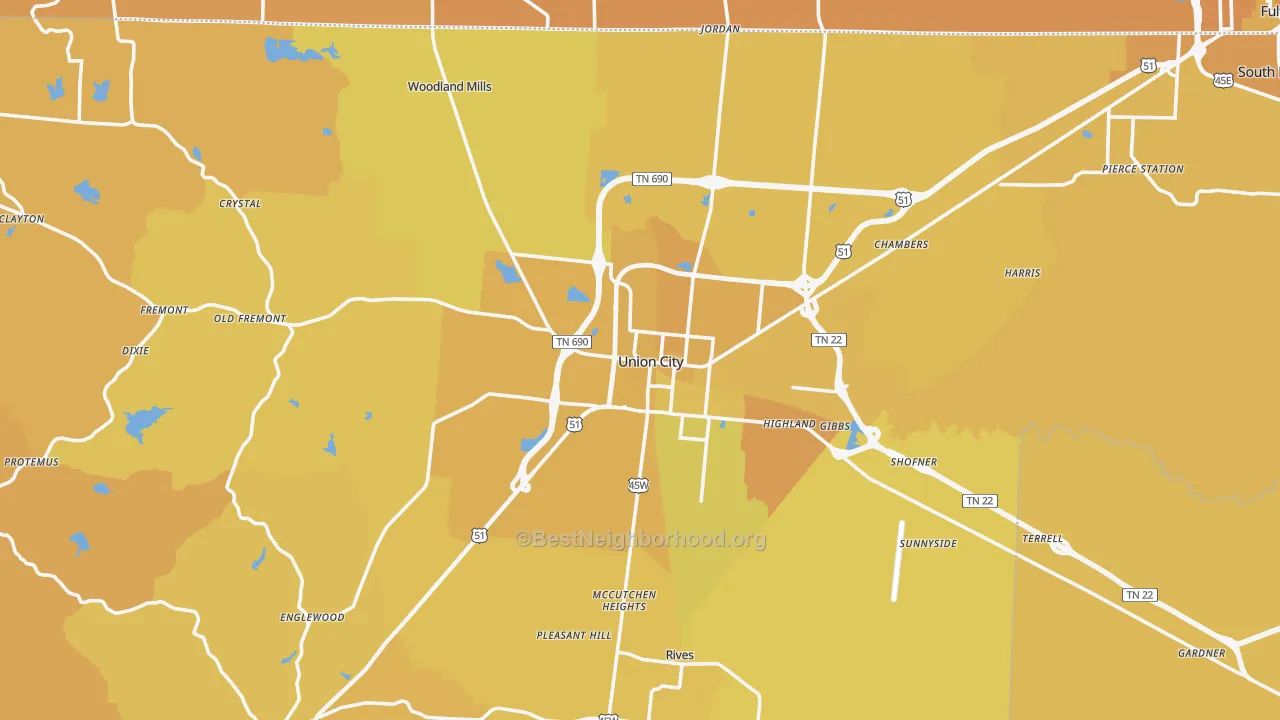 Map of the best neighborhoods in the 38261 area, with better matches in green and worse matches in red