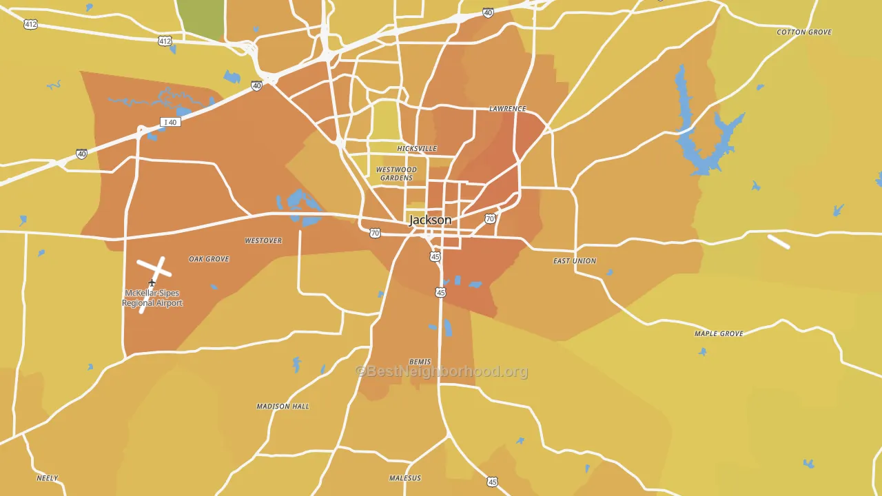 Map of the best neighborhoods in the 38301 area, with better matches in green and worse matches in red