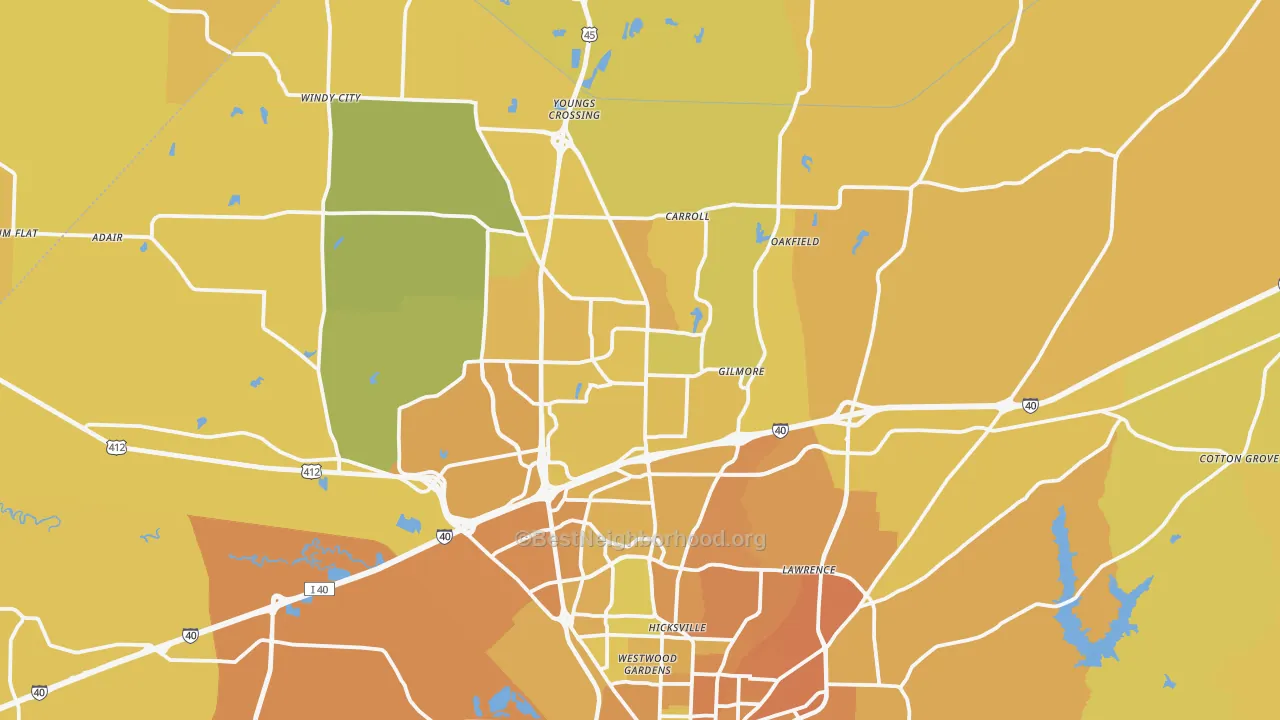 Map of the best neighborhoods in the 38305 area, with better matches in green and worse matches in red