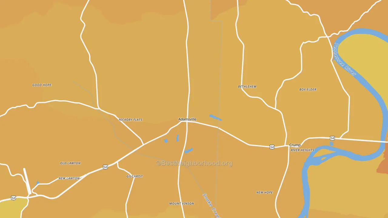 Map of the best neighborhoods in the 38310 area, with better matches in green and worse matches in red