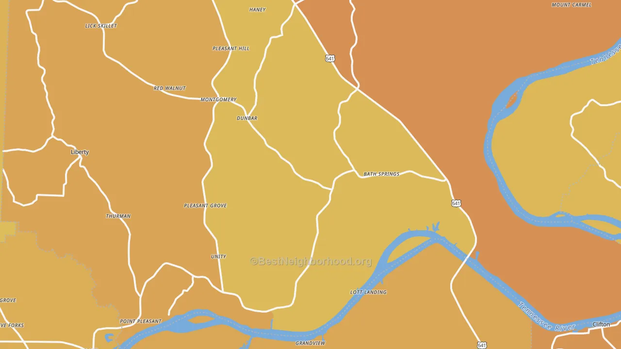 Map of the best neighborhoods in the 38311 area, with better matches in green and worse matches in red