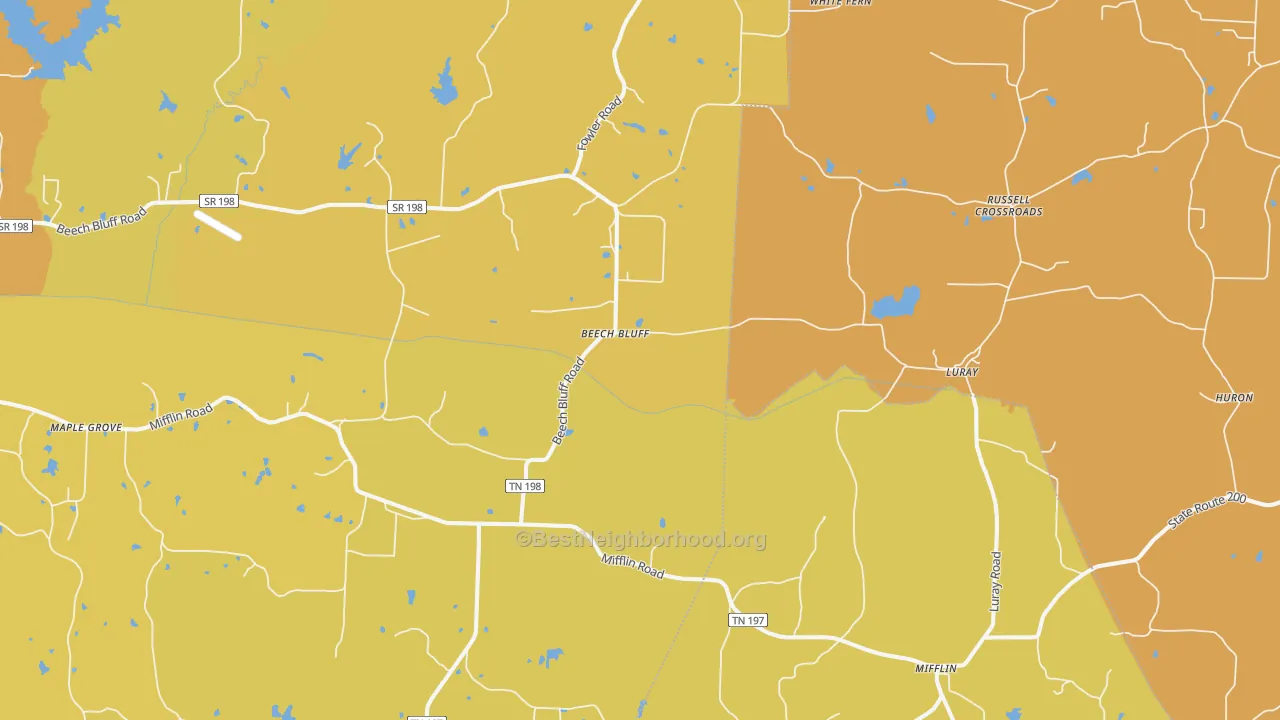 Map of the best neighborhoods in the 38313 area, with better matches in green and worse matches in red