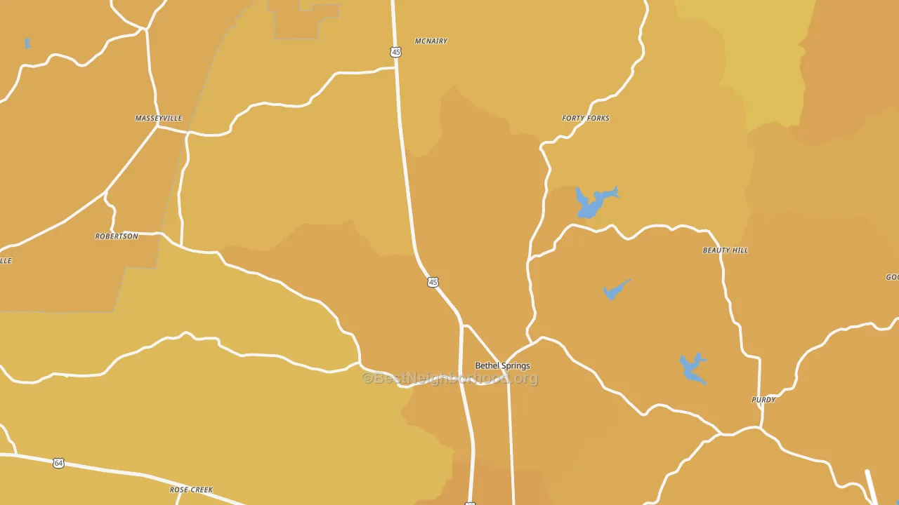 Map of the best neighborhoods in the 38315 area, with better matches in green and worse matches in red