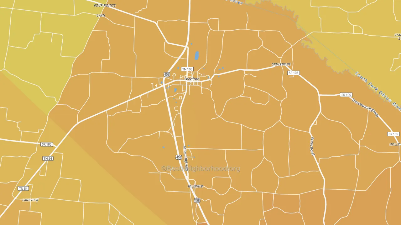 Map of the best neighborhoods in the 38316 area, with better matches in green and worse matches in red