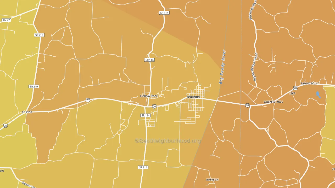Map of the best neighborhoods in the 38317 area, with better matches in green and worse matches in red