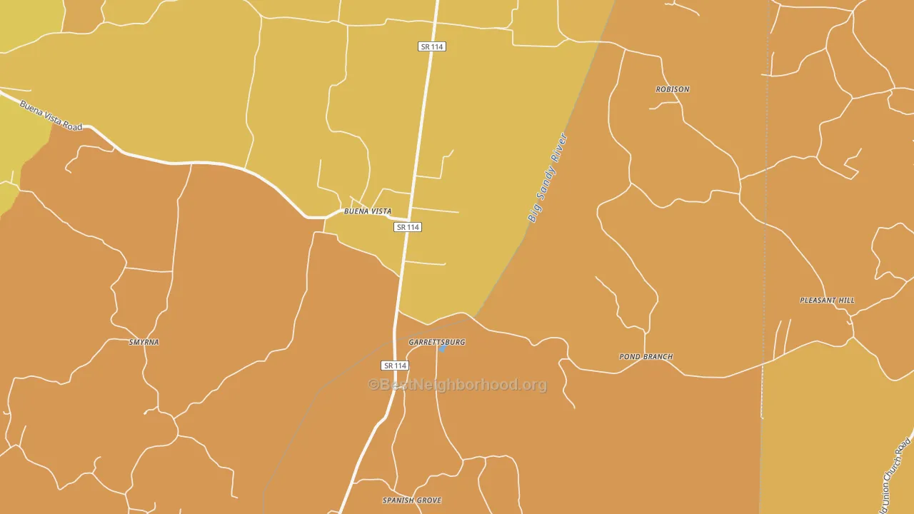 Map of the best neighborhoods in the 38318 area, with better matches in green and worse matches in red