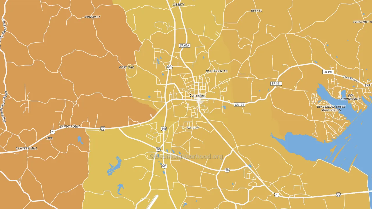 Map of the best neighborhoods in the 38320 area, with better matches in green and worse matches in red
