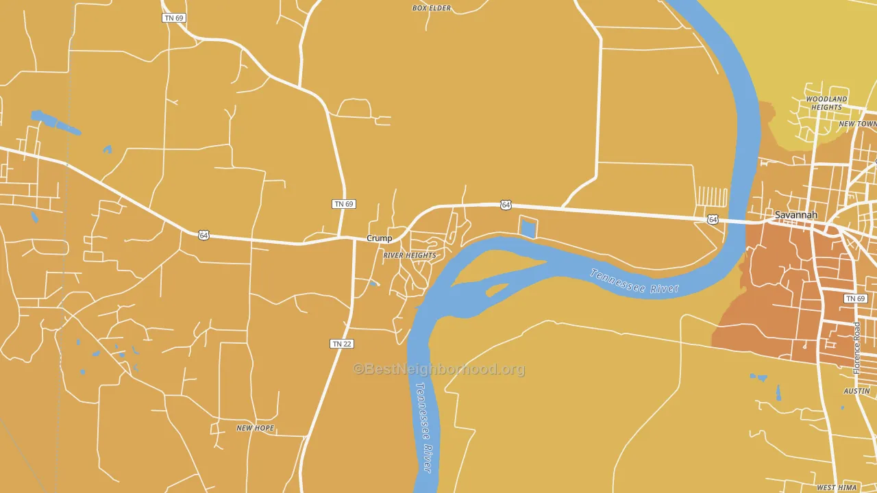 Map of the best neighborhoods in the 38327 area, with better matches in green and worse matches in red