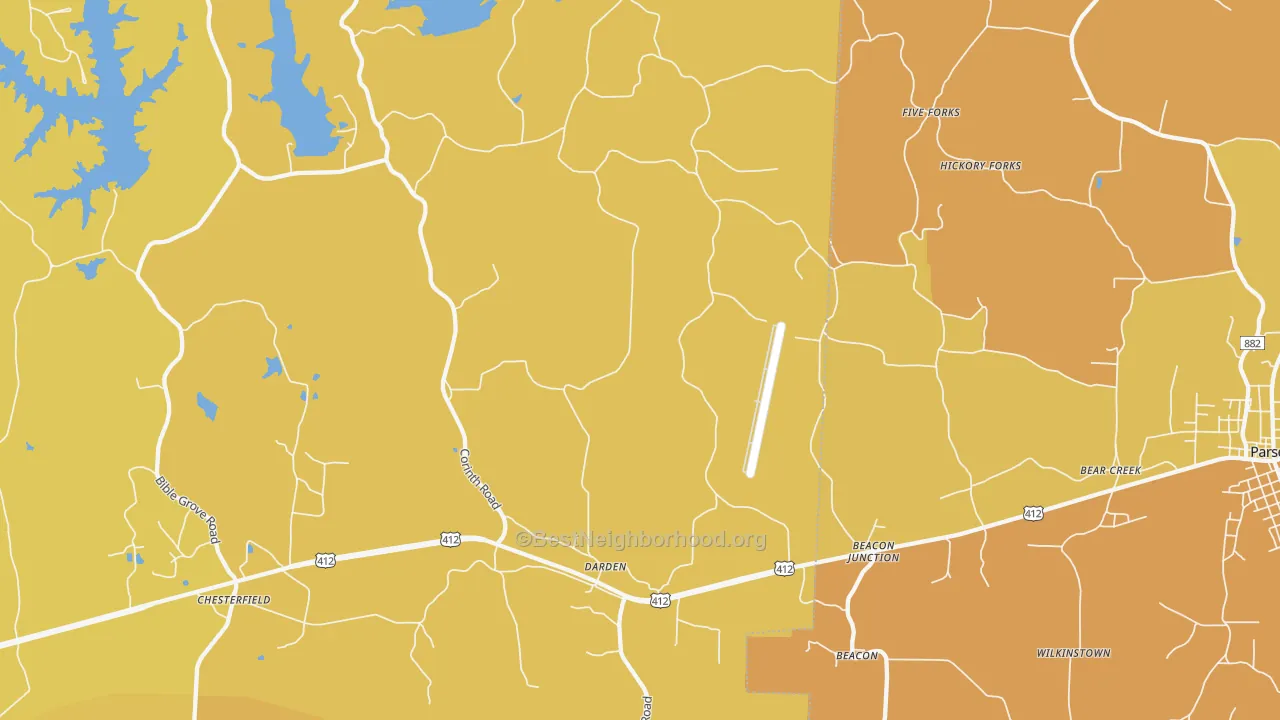 Map of the best neighborhoods in the 38328 area, with better matches in green and worse matches in red