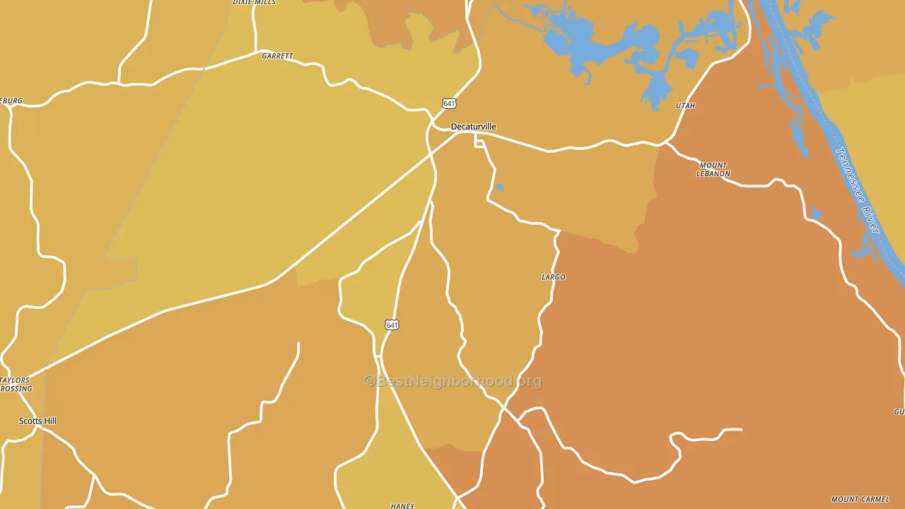 Map of the best neighborhoods in the 38329 area, with better matches in green and worse matches in red