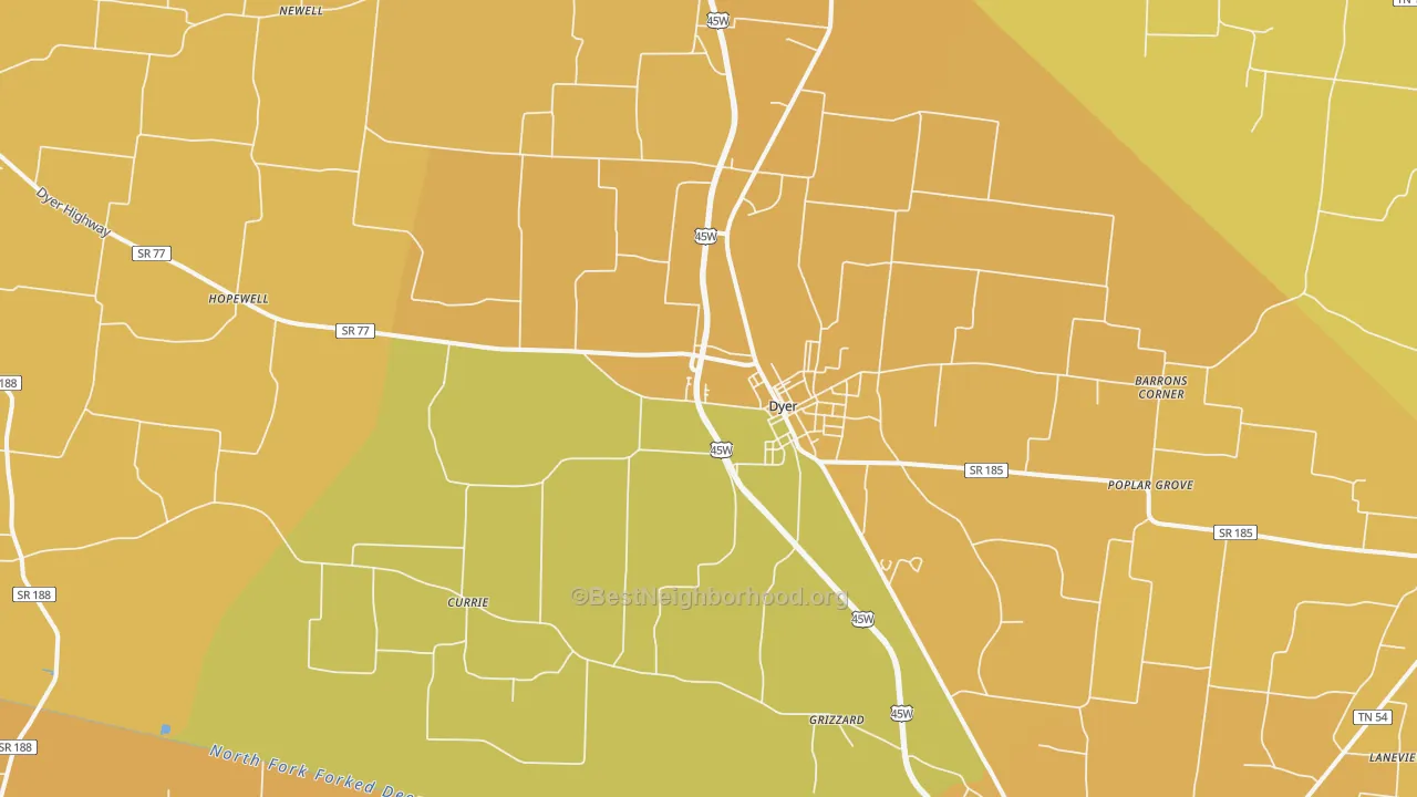 Map of the best neighborhoods in the 38330 area, with better matches in green and worse matches in red
