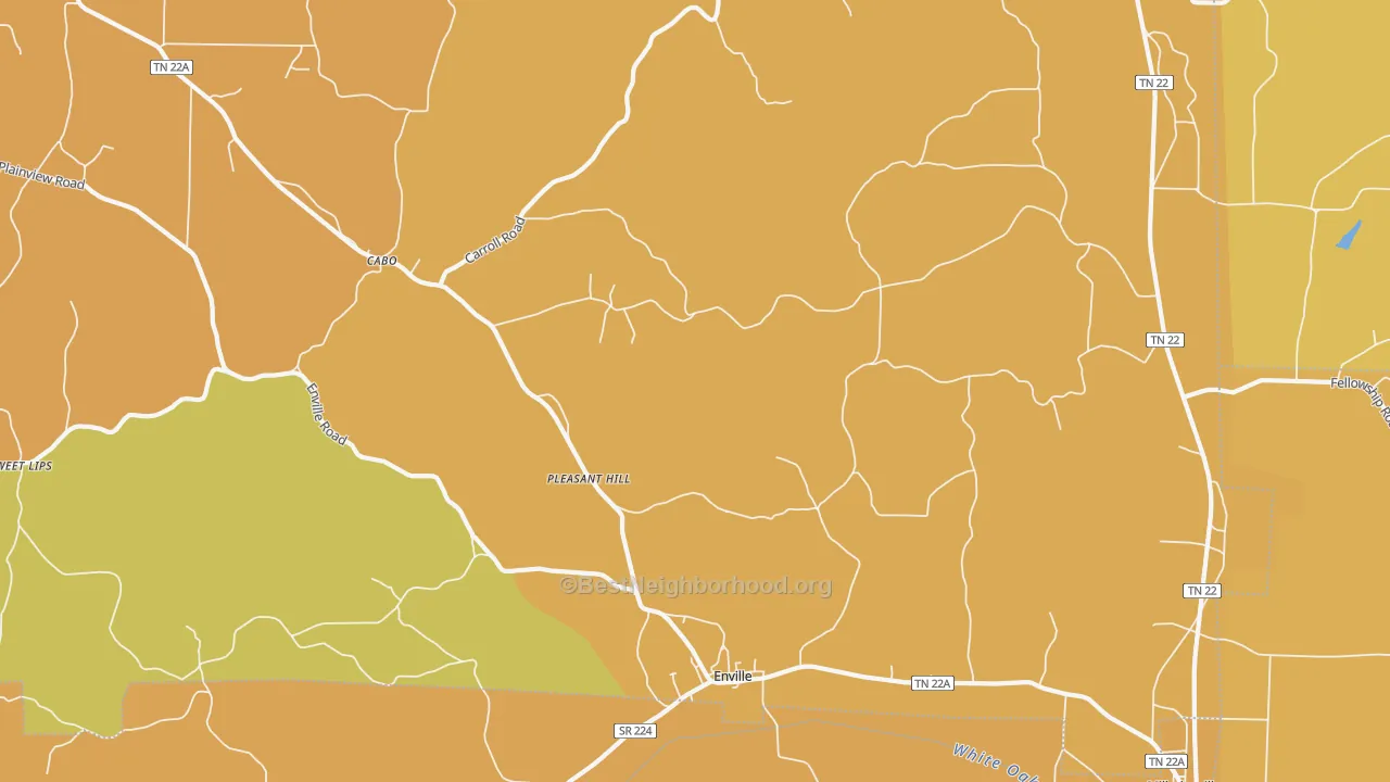 Map of the best neighborhoods in the 38332 area, with better matches in green and worse matches in red