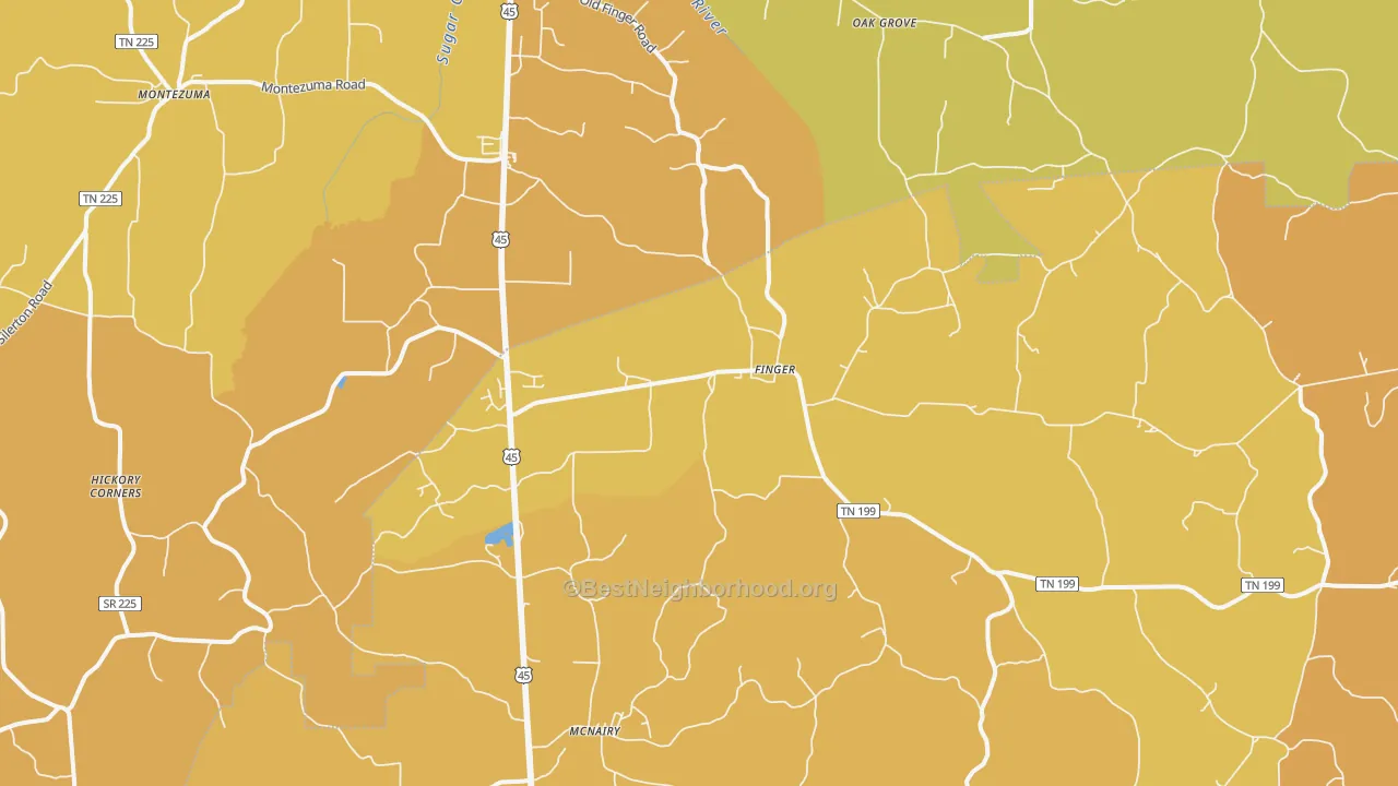 Map of the best neighborhoods in the 38334 area, with better matches in green and worse matches in red