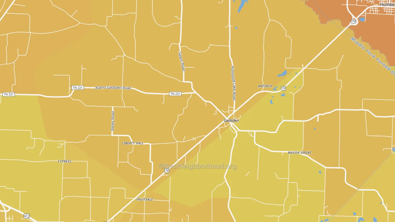 Map of the best neighborhoods in the 38337 area, with better matches in green and worse matches in red