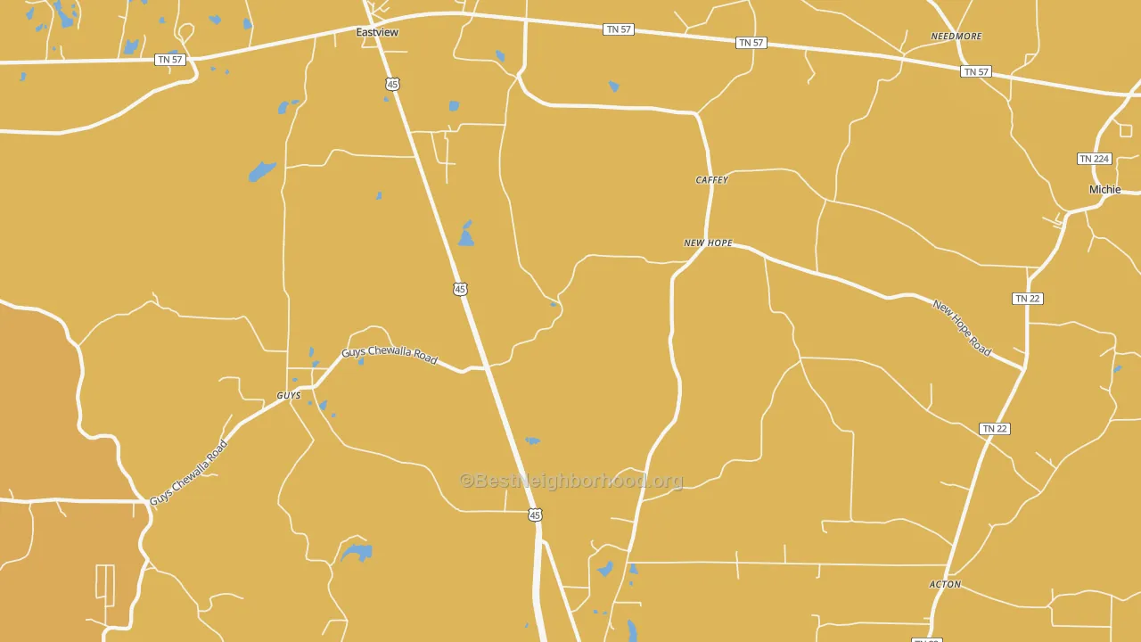 Map of the best neighborhoods in the 38339 area, with better matches in green and worse matches in red