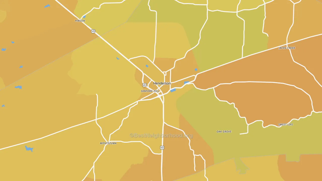 Map of the best neighborhoods in the 38340 area, with better matches in green and worse matches in red
