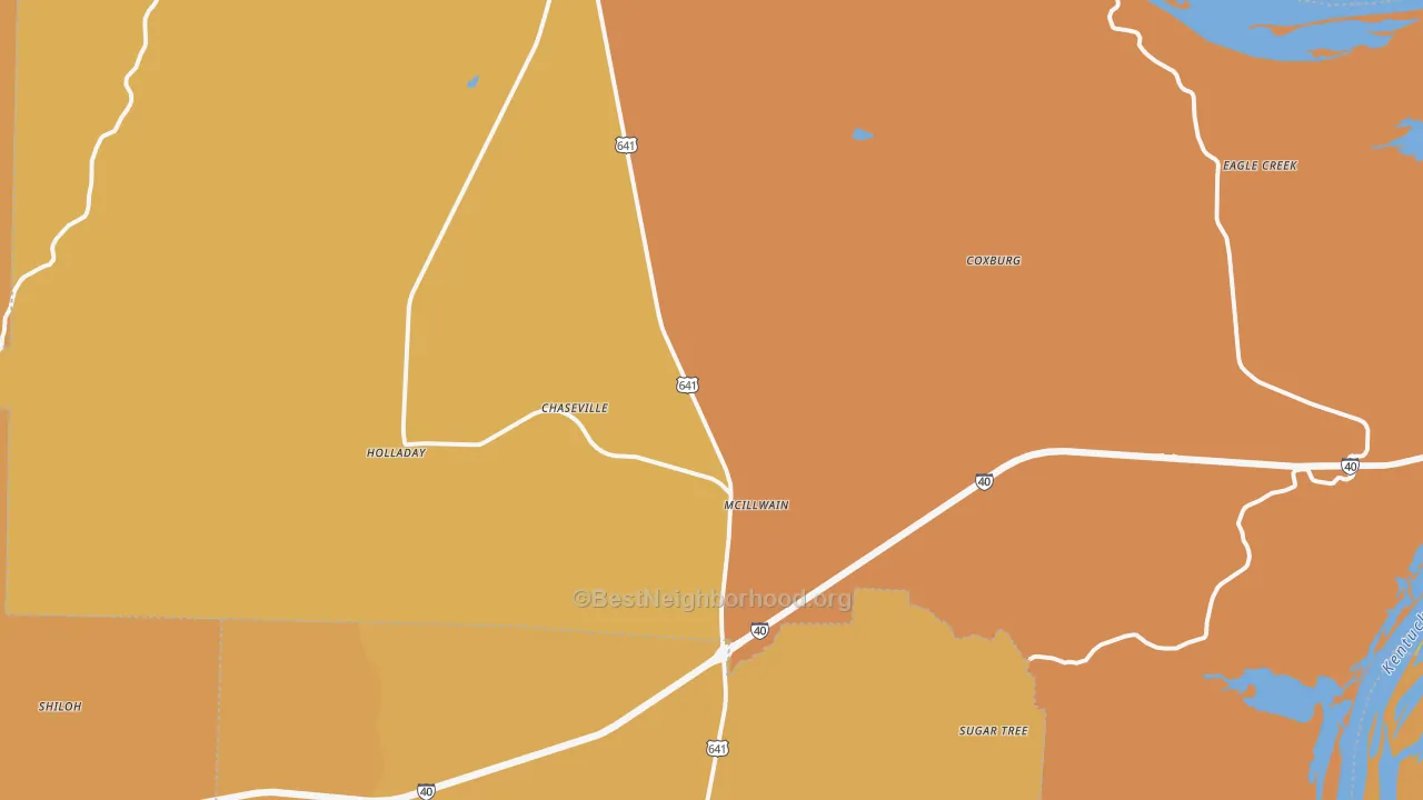 Map of the best neighborhoods in the 38341 area, with better matches in green and worse matches in red