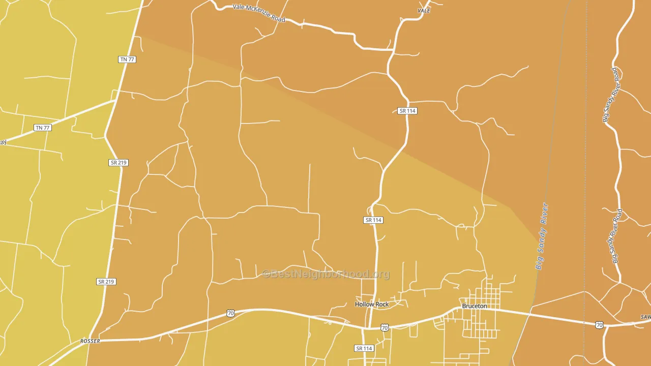 Map of the best neighborhoods in the 38342 area, with better matches in green and worse matches in red