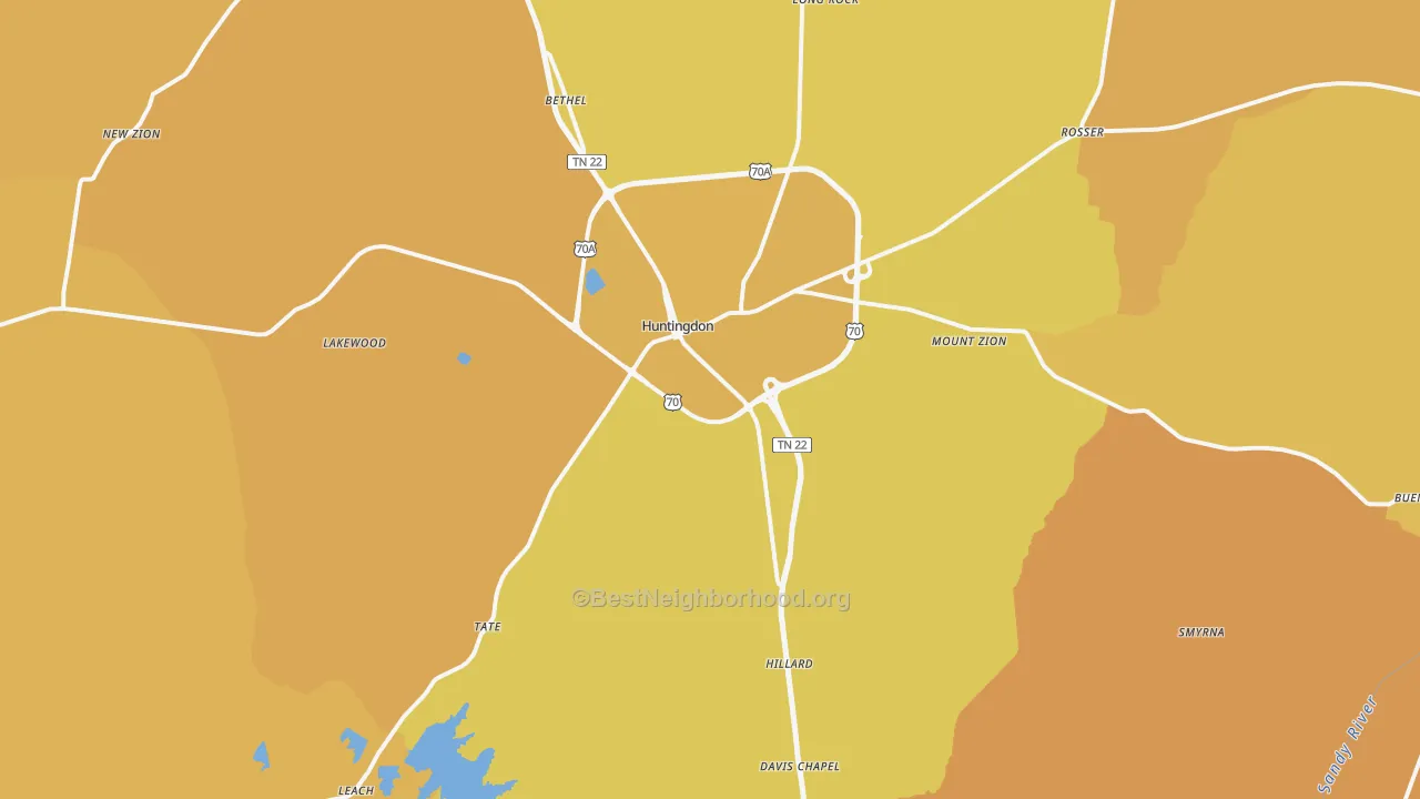 Map of the best neighborhoods in the 38344 area, with better matches in green and worse matches in red