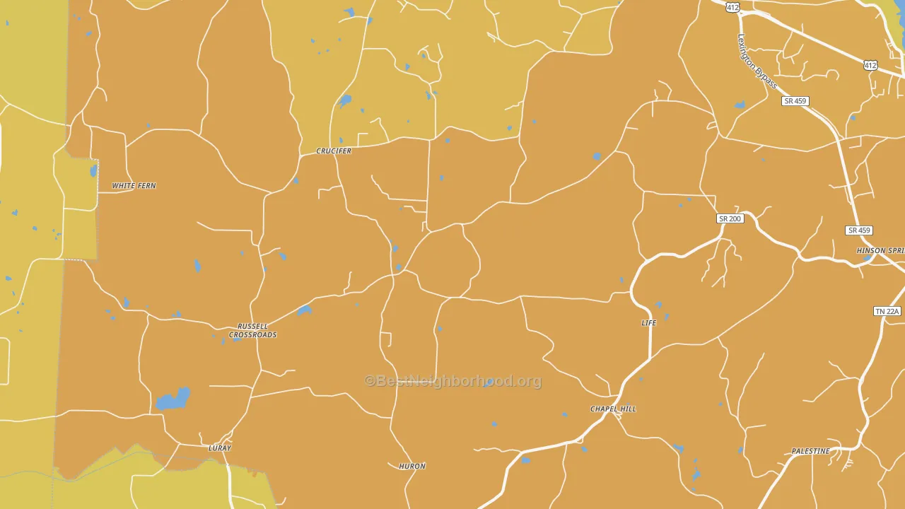 Map of the best neighborhoods in the 38345 area, with better matches in green and worse matches in red
