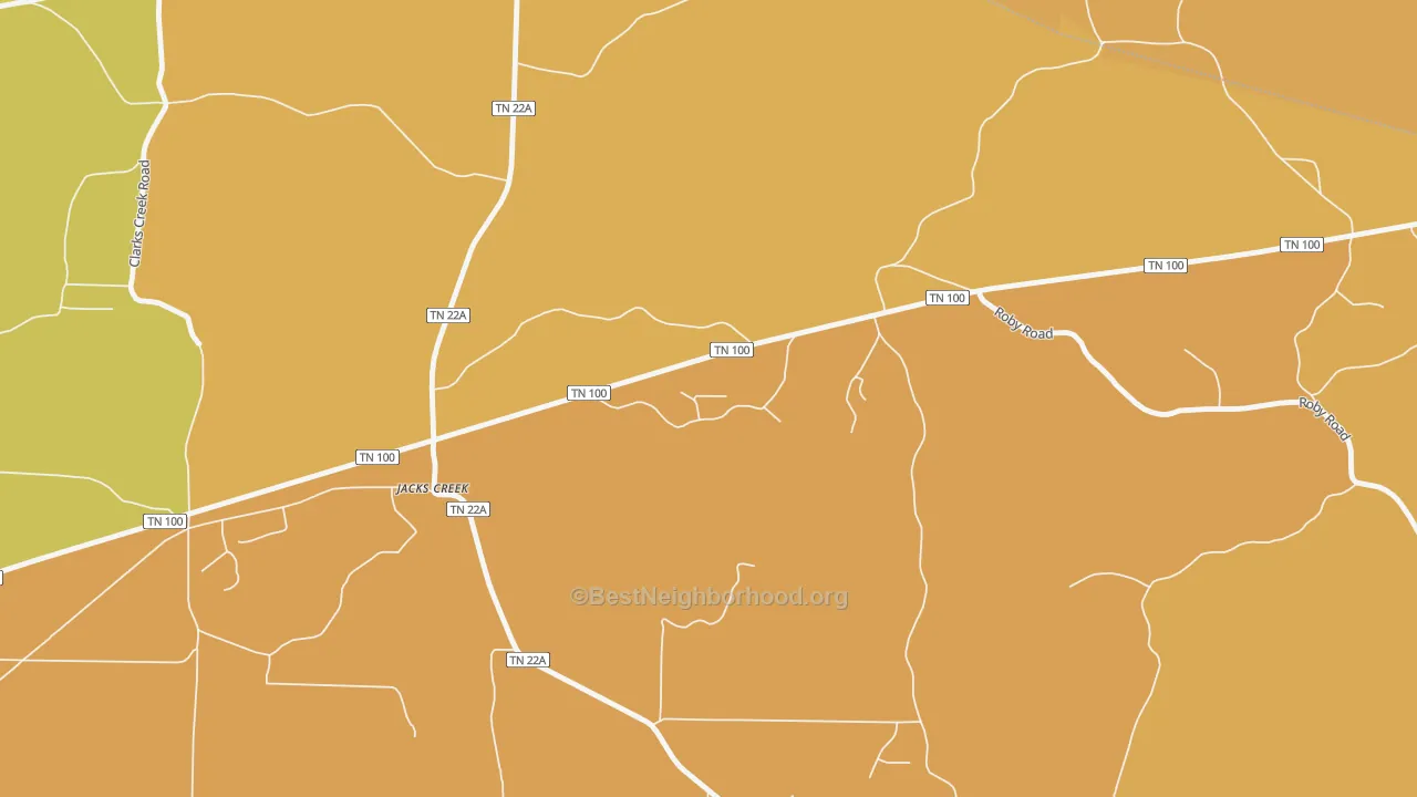 Map of the best neighborhoods in the 38347 area, with better matches in green and worse matches in red
