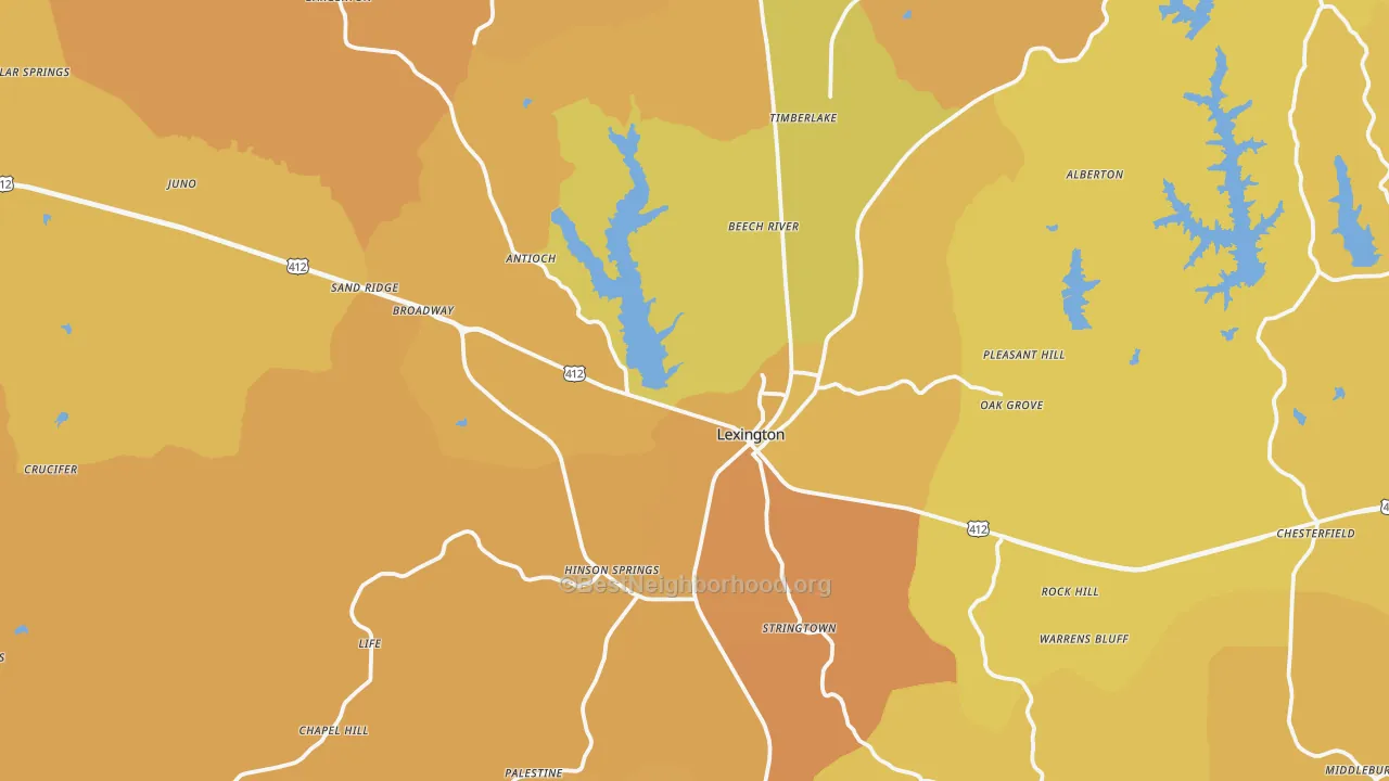 Map of the best neighborhoods in the 38351 area, with better matches in green and worse matches in red