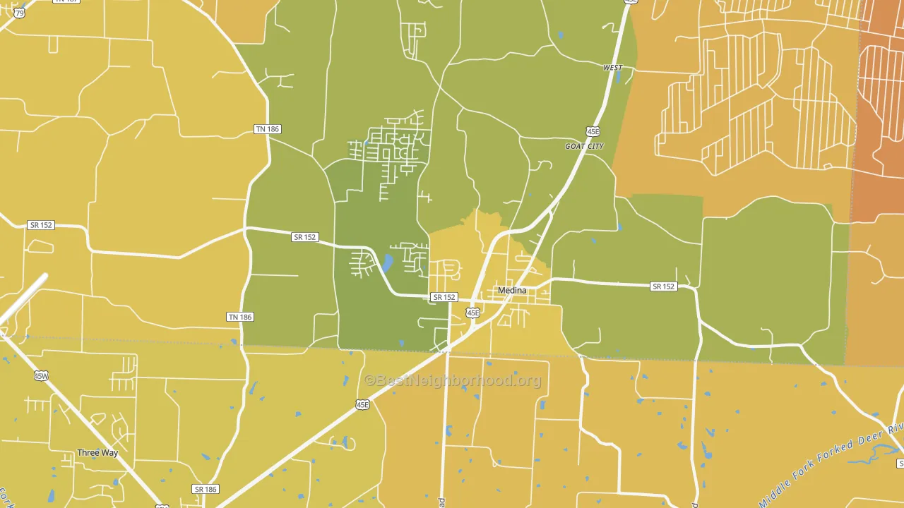 Map of the best neighborhoods in the 38355 area, with better matches in green and worse matches in red