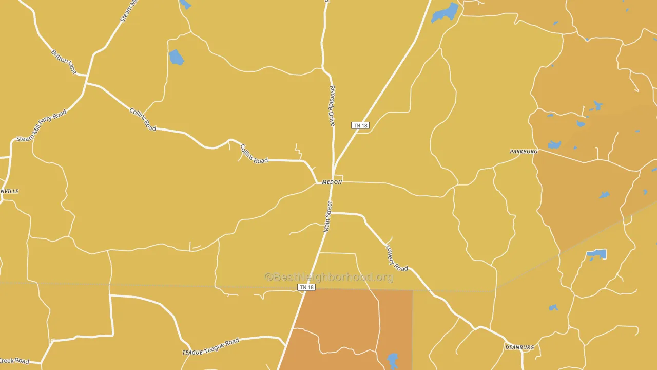 Map of the best neighborhoods in the 38356 area, with better matches in green and worse matches in red