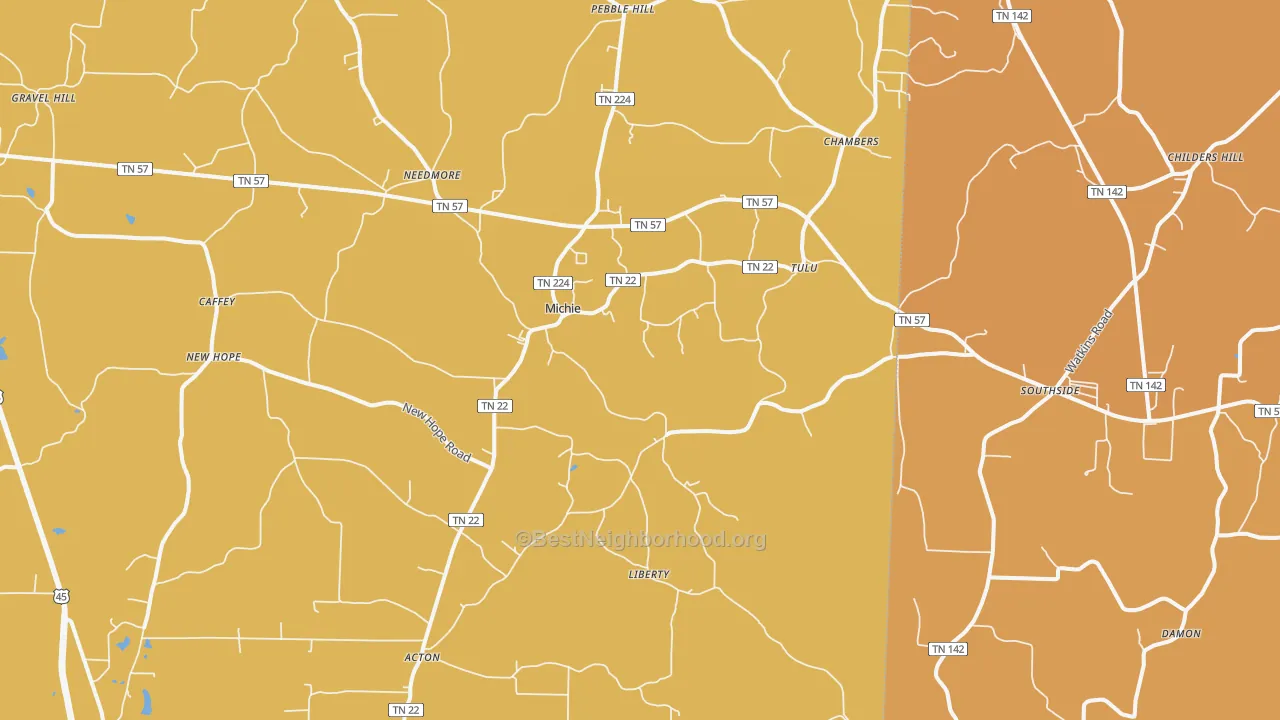 Map of the best neighborhoods in the 38357 area, with better matches in green and worse matches in red