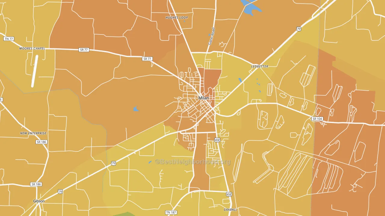 Map of the best neighborhoods in the 38358 area, with better matches in green and worse matches in red