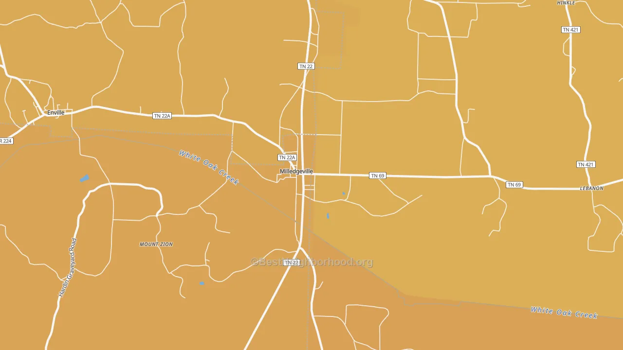 Map of the best neighborhoods in the 38359 area, with better matches in green and worse matches in red