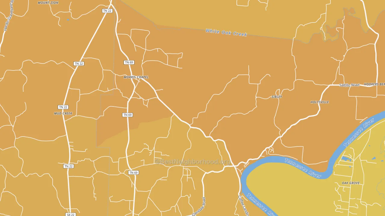 Map of the best neighborhoods in the 38361 area, with better matches in green and worse matches in red