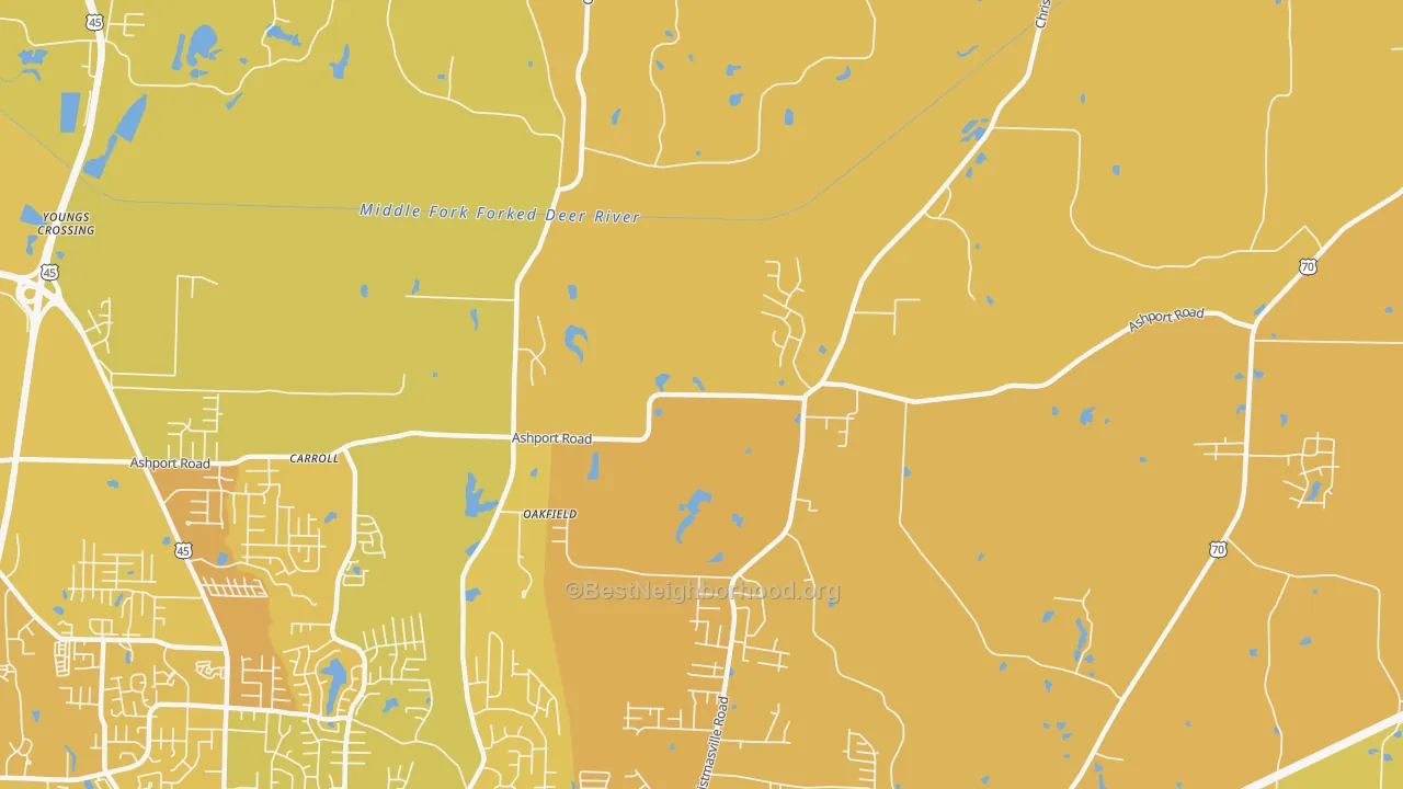 Map of the best neighborhoods in the 38362 area, with better matches in green and worse matches in red