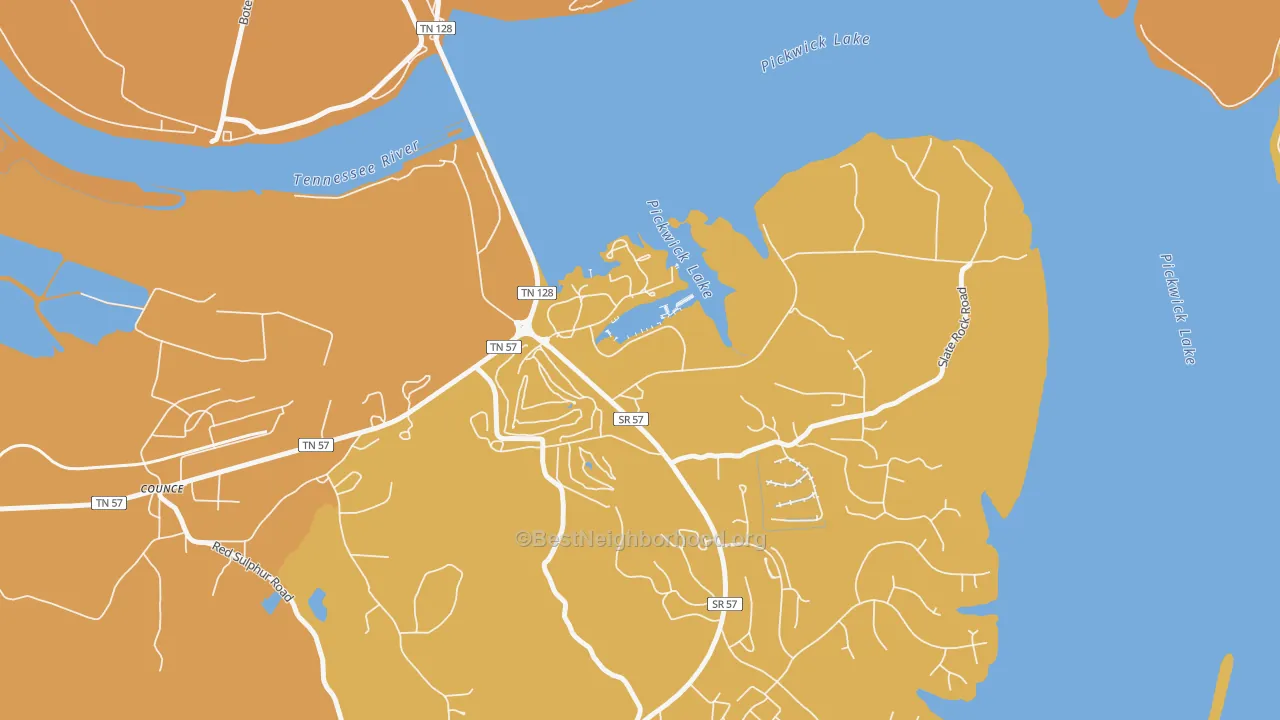 Map of the best neighborhoods in the 38365 area, with better matches in green and worse matches in red