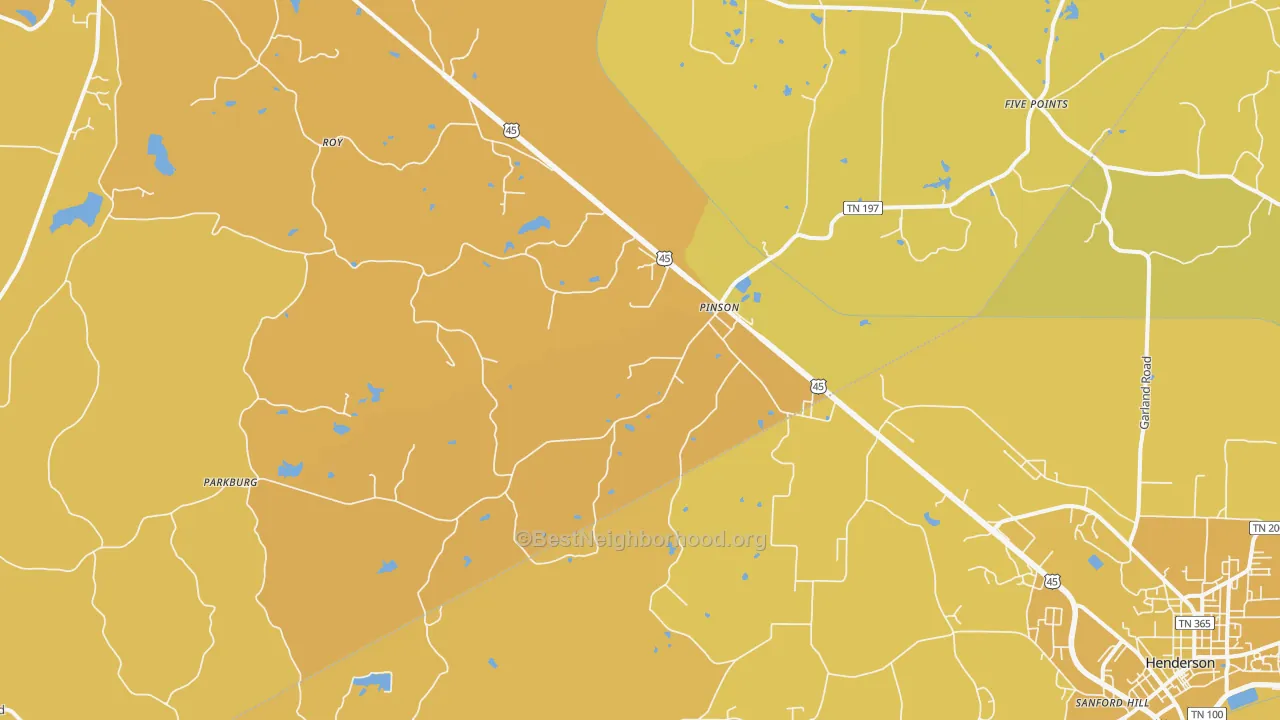 Map of the best neighborhoods in the 38366 area, with better matches in green and worse matches in red