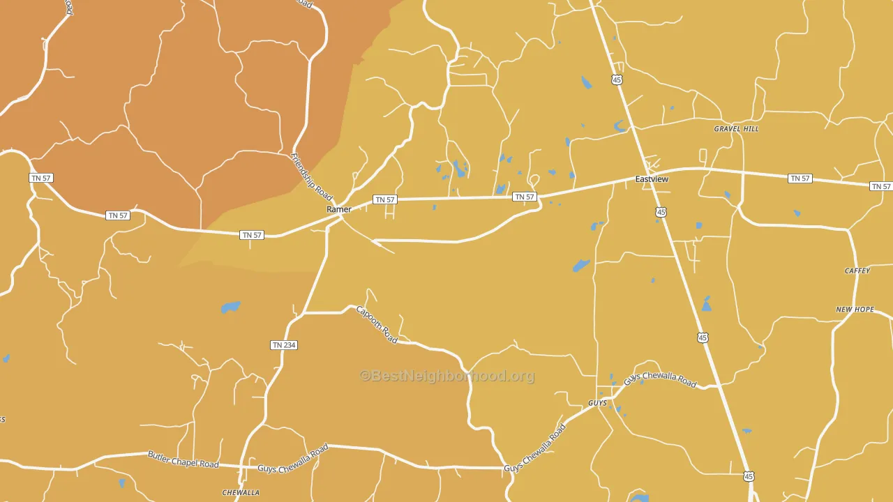Map of the best neighborhoods in the 38367 area, with better matches in green and worse matches in red