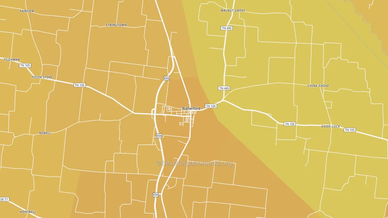 Map of the best neighborhoods in the 38369 area, with better matches in green and worse matches in red