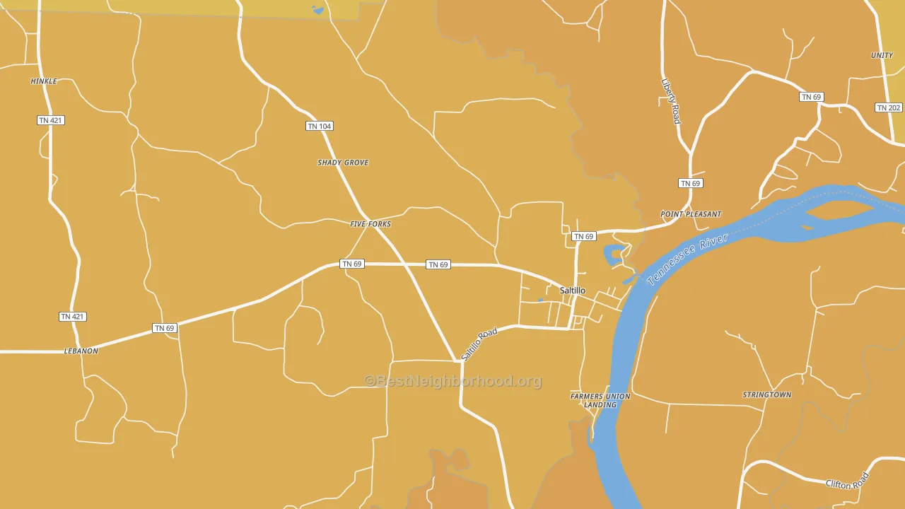Map of the best neighborhoods in the 38370 area, with better matches in green and worse matches in red