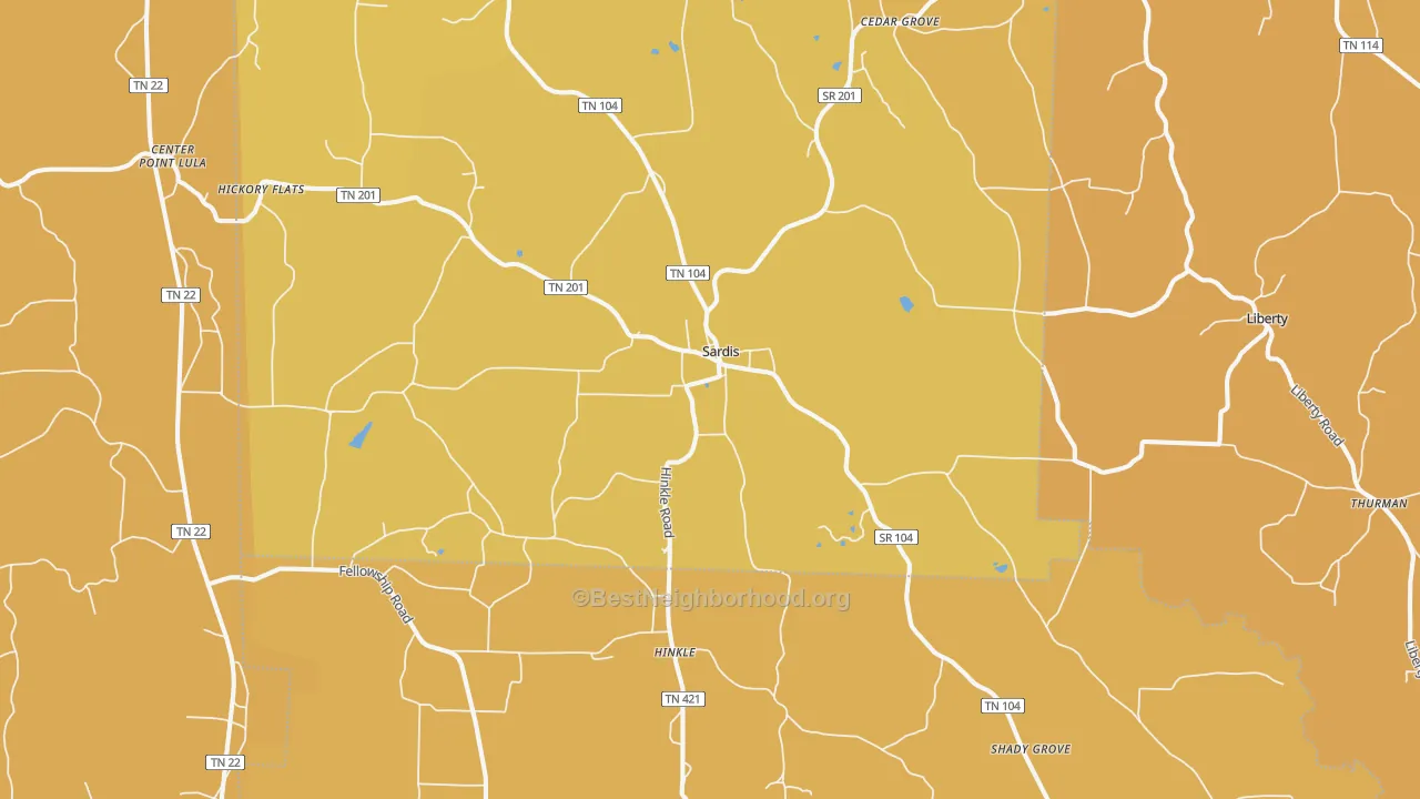Map of the best neighborhoods in the 38371 area, with better matches in green and worse matches in red